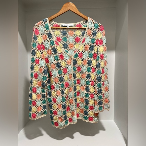 david brooks Sweaters - David Brooks 100% Cotton colorful crochet granny square buttoned cardigan XL